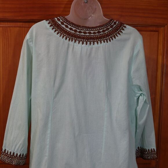 Soft Surroundings Light Blue Blouse with Brown Detailing Boho Hippie Embroidered - Picture 11 of 15